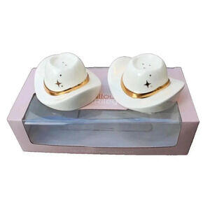 New Gold / White Retro Modern Cowboy Cowgirl Hat Salt & Pepper Shaker Set